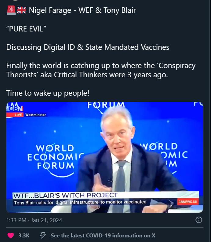 Farage: Tony Blair @ WEF is Evil, Calls For Global Vaccine Identification