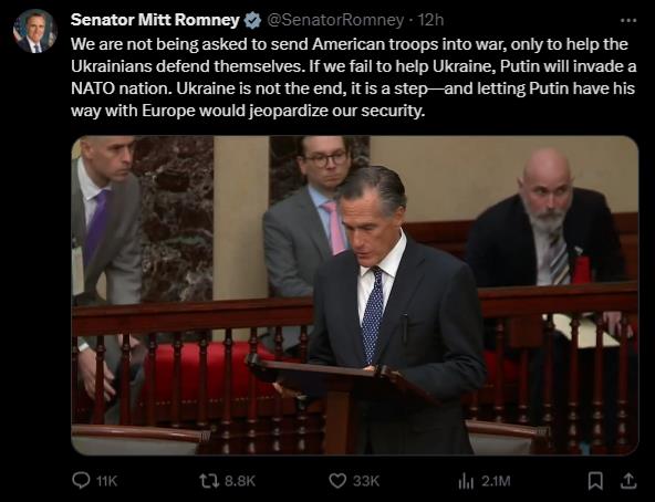 Senator Mittens Spills The Beans: Sending $69 BILLION to Ukraine is “The Most Important Vote” of His Life